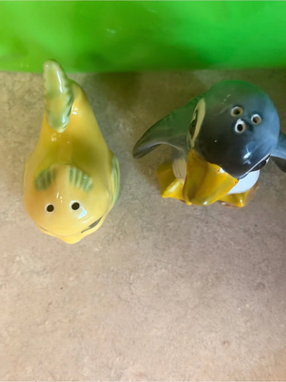 Vintage Penguin and Fish Salt & Pepper Shaker Set - Yellow & Blue